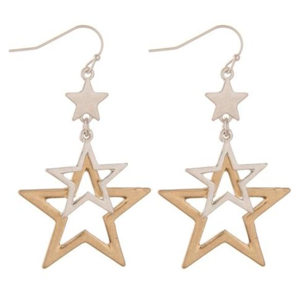 Pink Peplum Boutique Jewelry - TWO TONE METAL CUT OUT STAR DANGLE EARRINGS